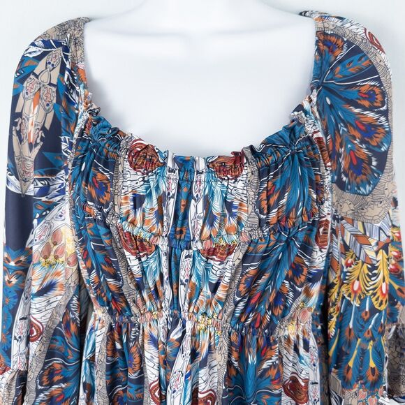 Boston Proper Royal Peacock Flare Sleeve Mini Dress Size Small Abstract Boho - Picture 8 of 16